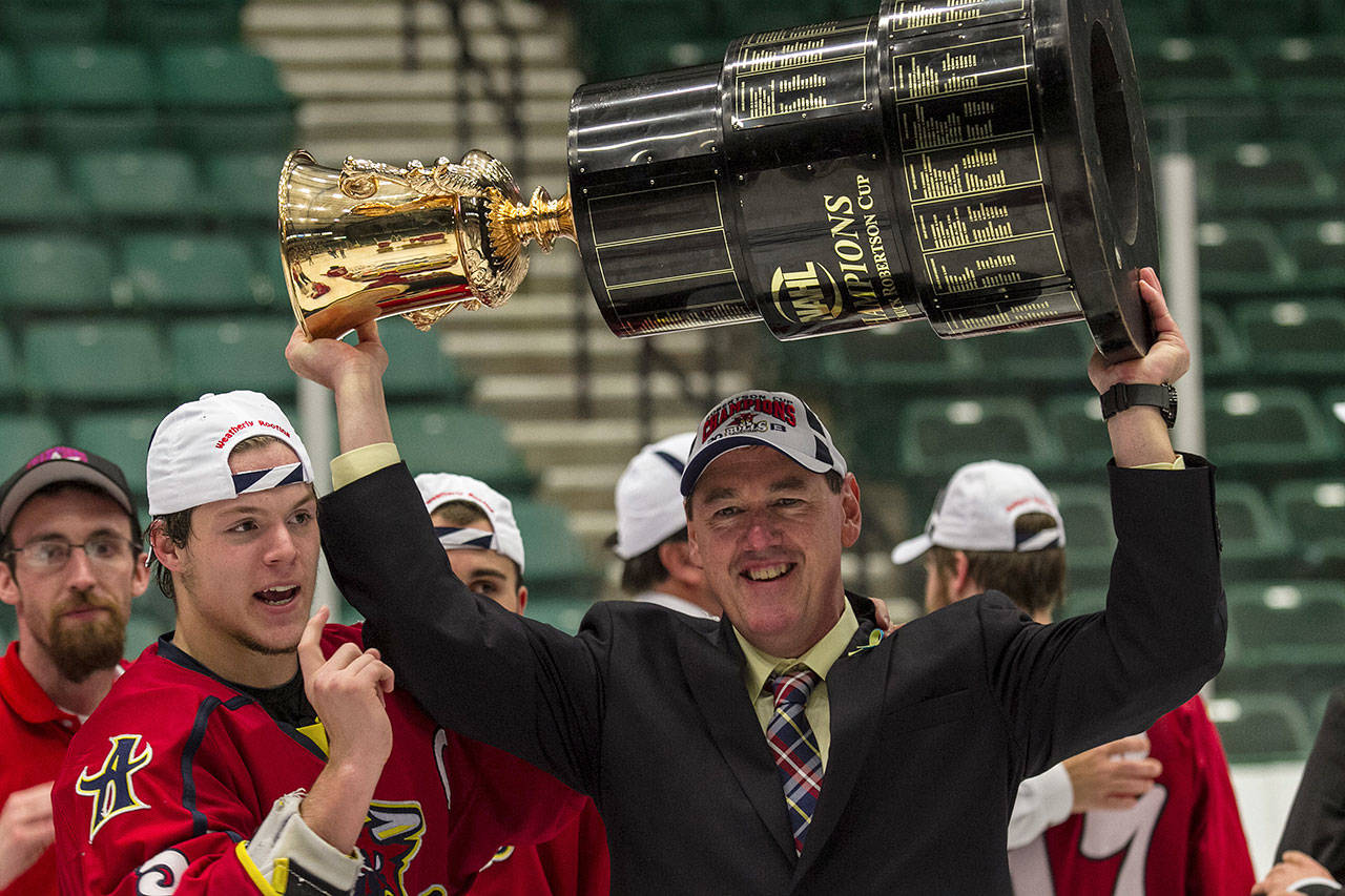 Harry Mahood, shown here hoisting the Robertson Cup with the Amarillo Bulls, was hired Monday to join the Everett Silvertips as an assistant to head coach Dennis Williams. (Everett Silvertips photo)