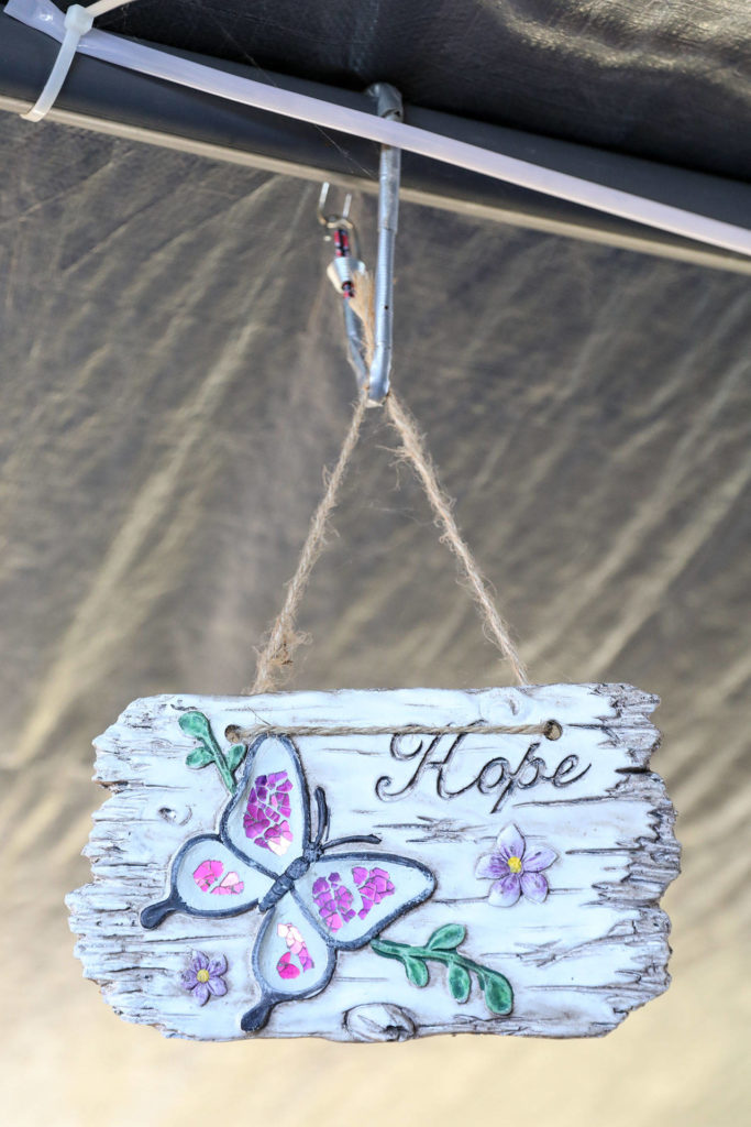 Donna Conner added a personal touch to the outside of her tent. (Lizz Giordano / The Herald) 
