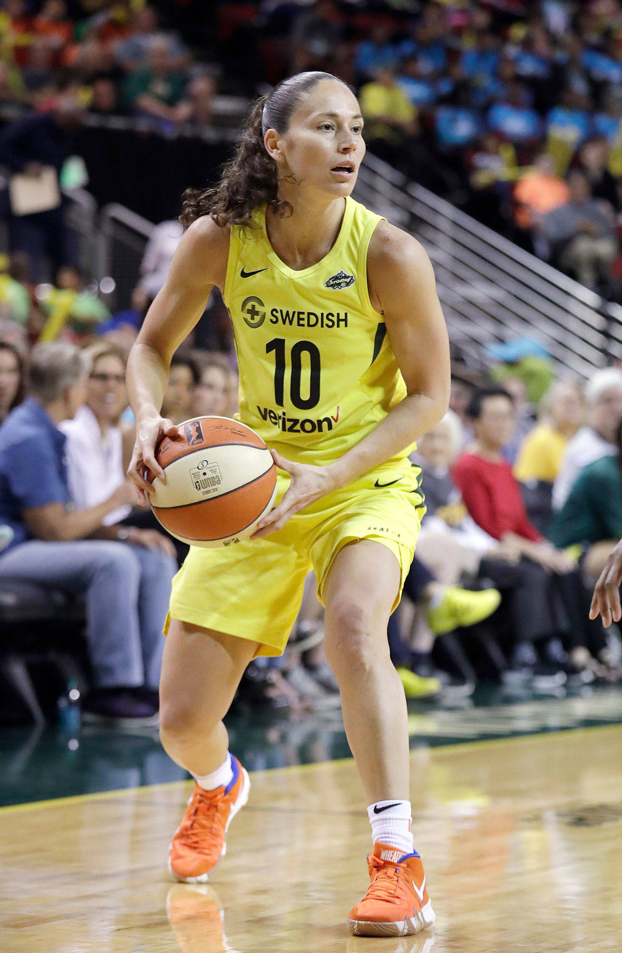 Seattle’s Sue Bird looks toward the basket during a game against Los Angeles on July 10 in Seattle. Storm set a WNBA record with her 11th All-Star selection. (AP Photo/Elaine Thompson)