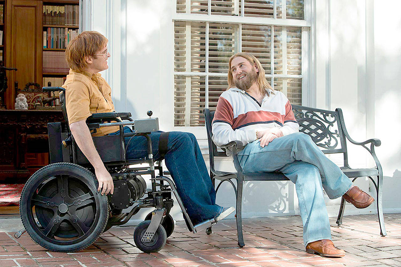 Joaquin Phoenix (left) plays cartoonist John Callahan and and Jonah Hill is his AA sponsor in “Don’t Worry, He Won’t Get Far On Foot.” (Sundance Institute)
