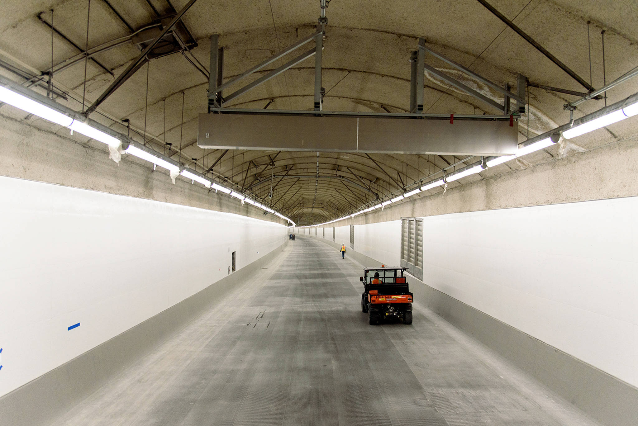 The southbound upper deck of the Highway 99 tunnel under downtown Seattle in June, looking north. (Washington State Department of Transportation)