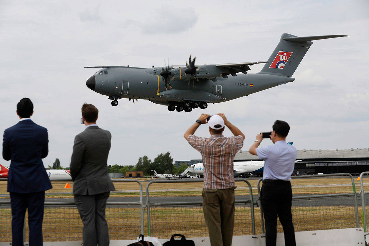 An Airbus 400M lands after a flying display at the Farnborough Airshow in Farnborough, England, on Monday. (AP Photo/Matt Dunham)
