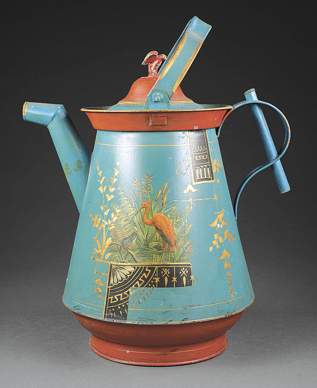 Turquoise blue with gold trim and a bird finial was used to decorate this 19th-century watering can. It sold for $214. (Cowles Syndicate Inc.)