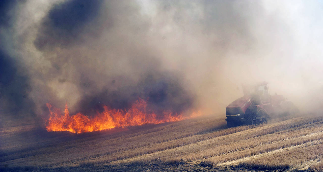 A farmer in a tractor plows a fire break near a standing wheat and stubble fire just north of Walla Walla on July 18. (Geg Lehman/Walla Walla Union-Bulletin via AP)
