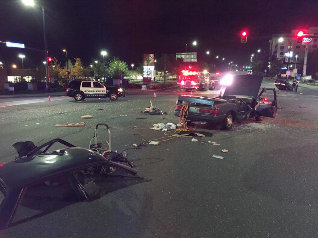 A Lynnwood woman was hospitalized with non-life-threatening injuries after a rollover collision on Highway 99 at the King-Snohomish County line. (Edmonds Police)
