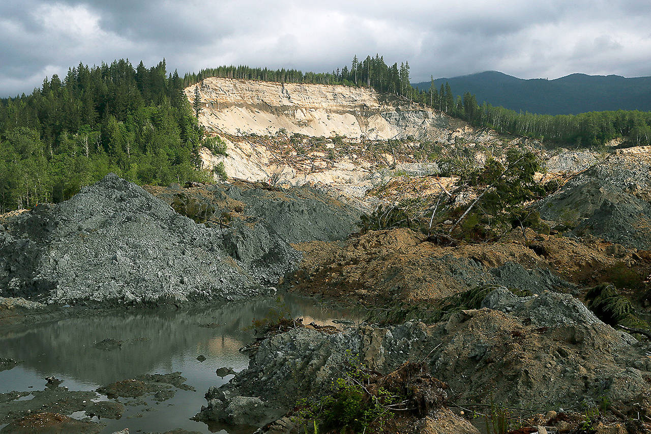 The Oso mudslide, shown here on May 16, 2014, killed 43 people on March 22, 2014. (Dan Bates / Herald file)
