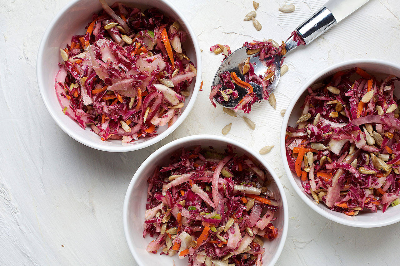 Sunflower seeds give this red cabbage and fennel slaw a nutty crunch. (Deb Lindsey / For The Washington Post)