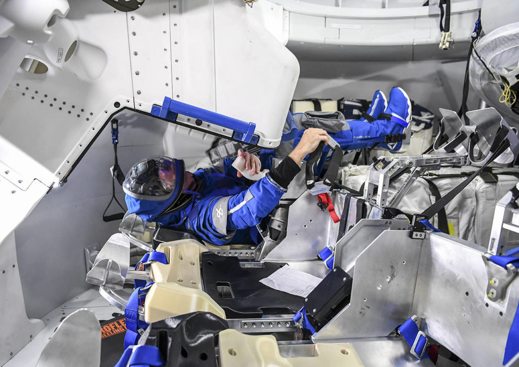 Astronaut Chris Ferguson practices as he prepares for flight in the Boeing (CST)-100 Starliner spacecraft mock-up trainer at NASA’s Johnson Space Center in Houston. (Jonathan Newton/Washington Post)
