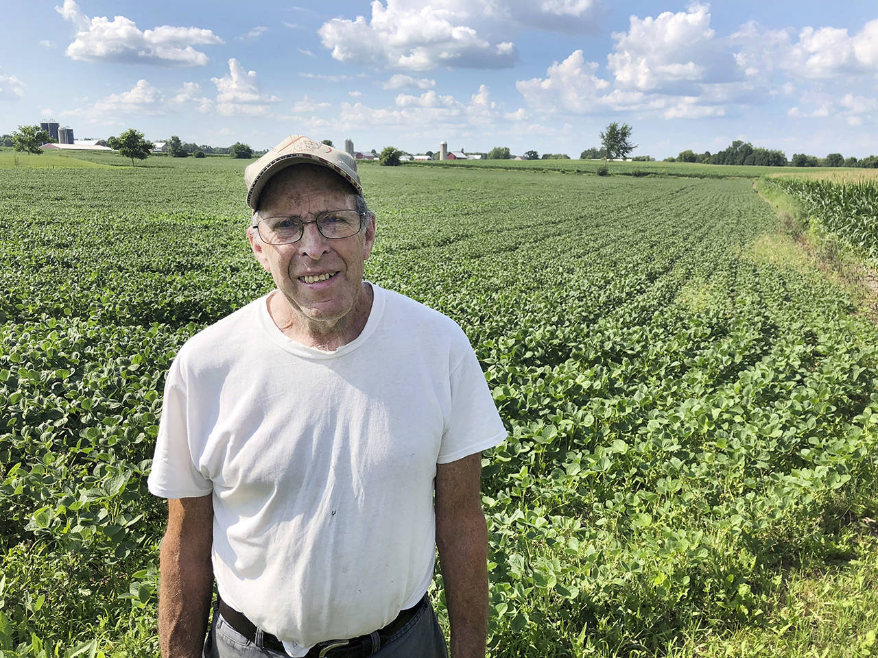 Farmer Michael Slattery stands in front of his soybean field Tuesday in Maribel, Wisconsin. He and his wife farm 300 acres of mostly soybean and corn, but they also have wheat and alfalfa. (AP Photo/Carrie Antlfinger)