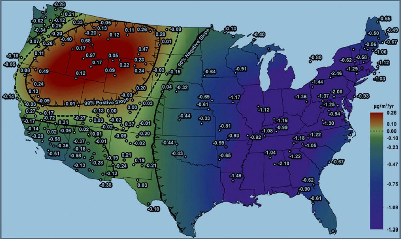 This graphic shows where air quality has deteriorated since 1988, according to a study by UW Bothell professor Dan Jaffe and doctoral student Crystal McClure. (Published in the journal Proceedings of the National Academy of Sciences of the United States of America)