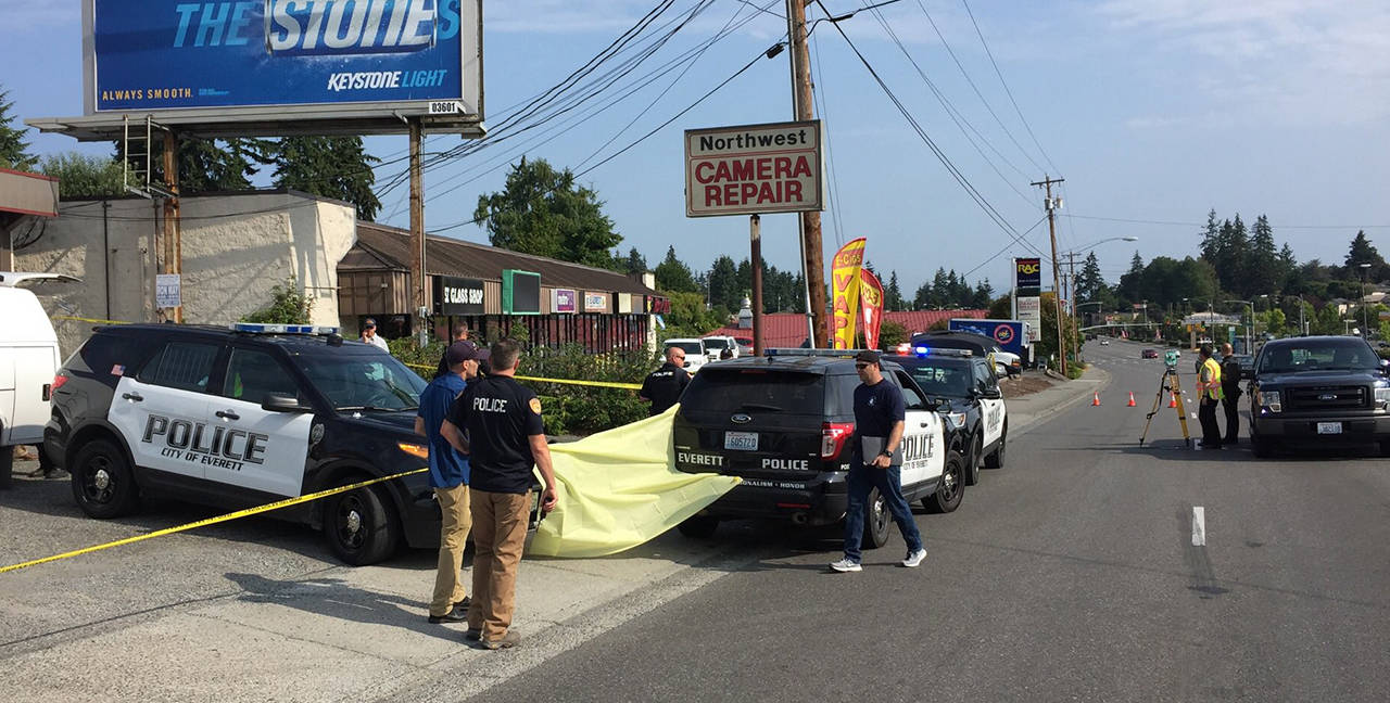 A homicide investigation was ongoing Saturday after a man’s body was found in a parking lot on Evergreen Way. (Everett police)