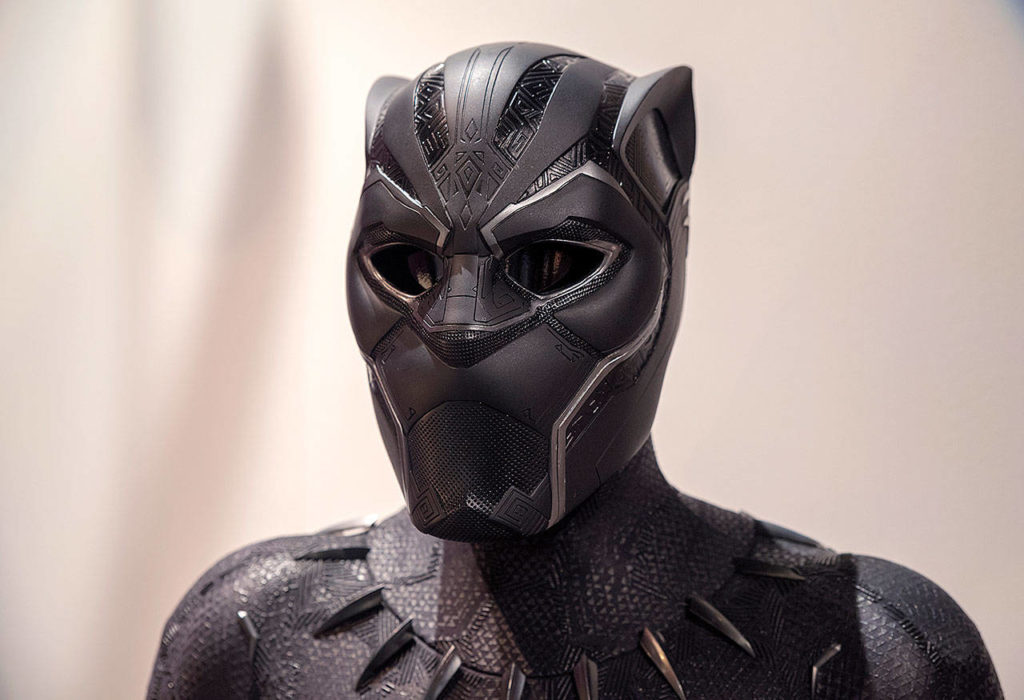 Black Panther’s costume as worn by Chadwick Boseman in “Black Panther.” (Jonathan Pulley / Museum of Pop Culture)
