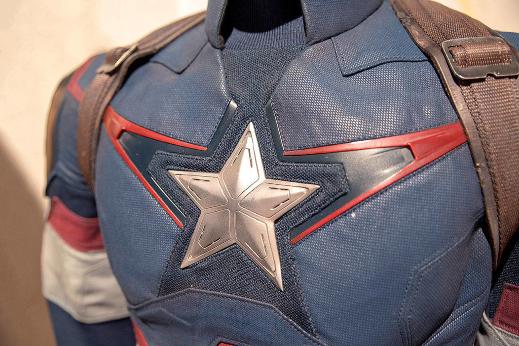 Captain America’s costume from “Avengers: Age of Ultron.” (Jonathan Pulley / Museum of Pop Culture)

