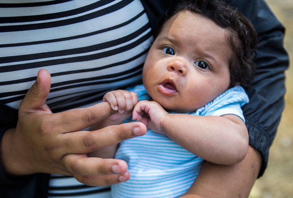 Kya Lankford, 2 months, holds onto her mother’s finger at Lundeen Park on July 27 in Lake Stevens. (Olivia Vanni / The Herald)
