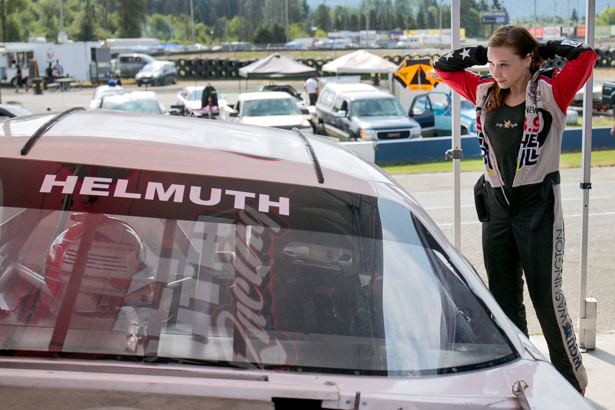 Molly Helmuth prepares for time trials on July 28 at Evergreen Speedway in Monroe. Helmuth has a busy racing schedule this summer, competing regularly at Evergreen and on the CARS Racing Tour, based on the East Coast. (Kevin Clark / The Herald)