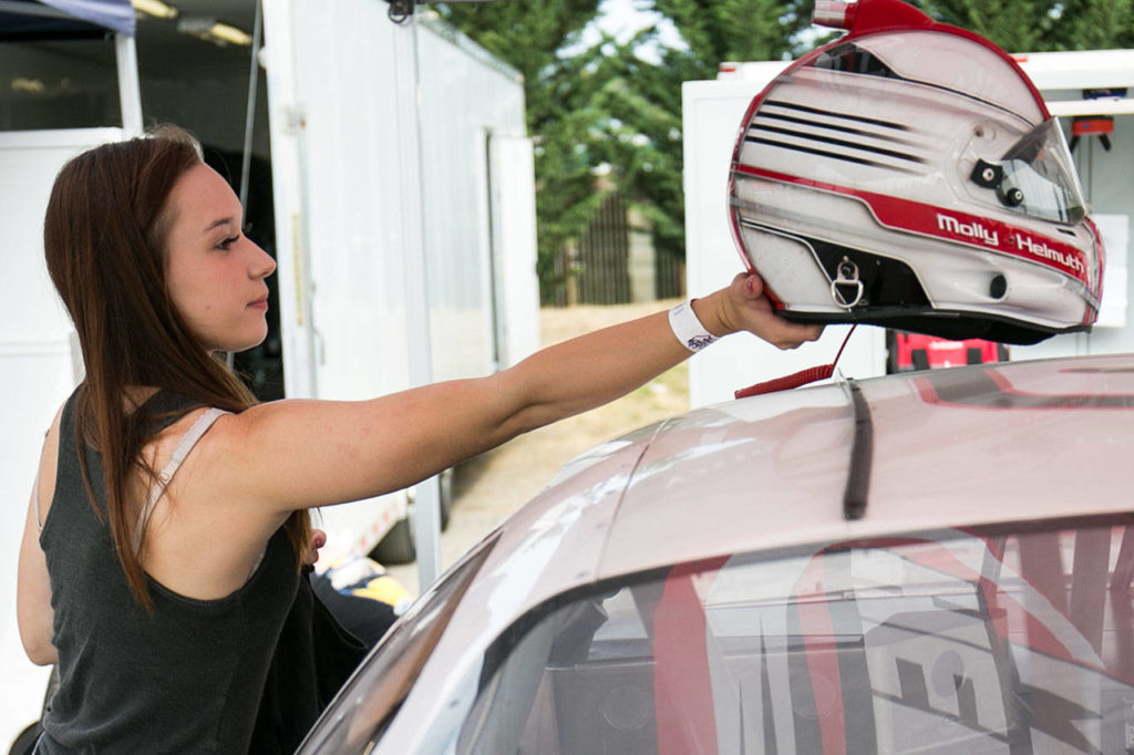 Molly Helmuth prepares for time trials on July 28 at Evergreen Speedway in Monroe. (Kevin Clark / The Herald)

