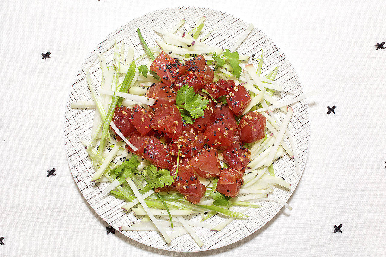 Tuna poke with kohlrabi is a special recipe, in that it may introduce you to a vegetable that many folks don’t often eat. (Photo by Deb Lindsey for The Washington Post)