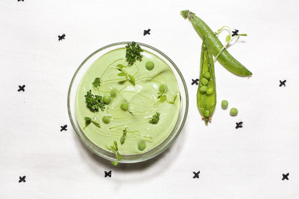 Pea, ricotta and mint gazpacho is beautiful, refreshing and slightly grassy on the finish. (Photo by Deb Lindsey for The Washington Post)
