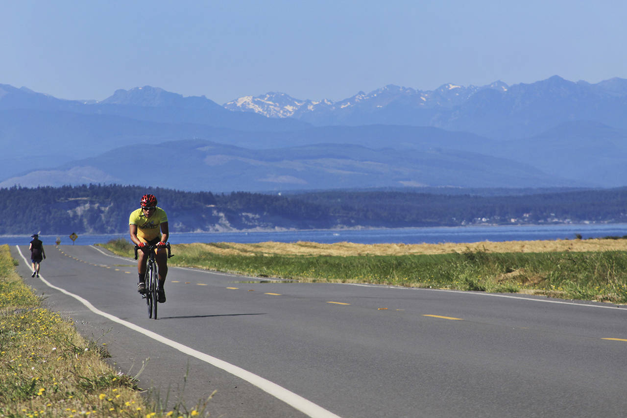 A solo rider cruises through Ebey’s Prairie during the 20-mile route of the Sea, Trees, & Pie Bike Ride on July 22 on central Whidbey Island. (Whidbey Camano Land Trust)