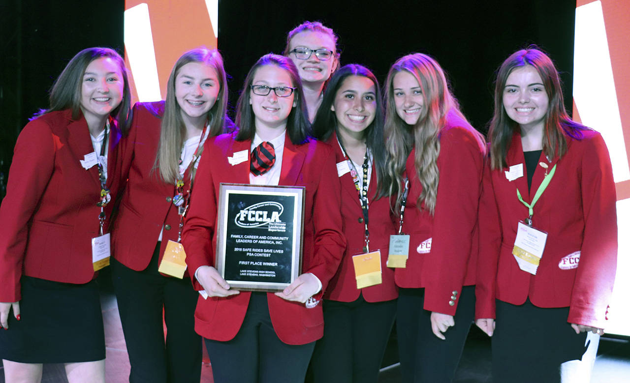 The Lake Stevens High School FCCLA team returned from a national conference with a $3,500 check for their efforts, including production of public service announcements about safe driving. (Contributed photo)