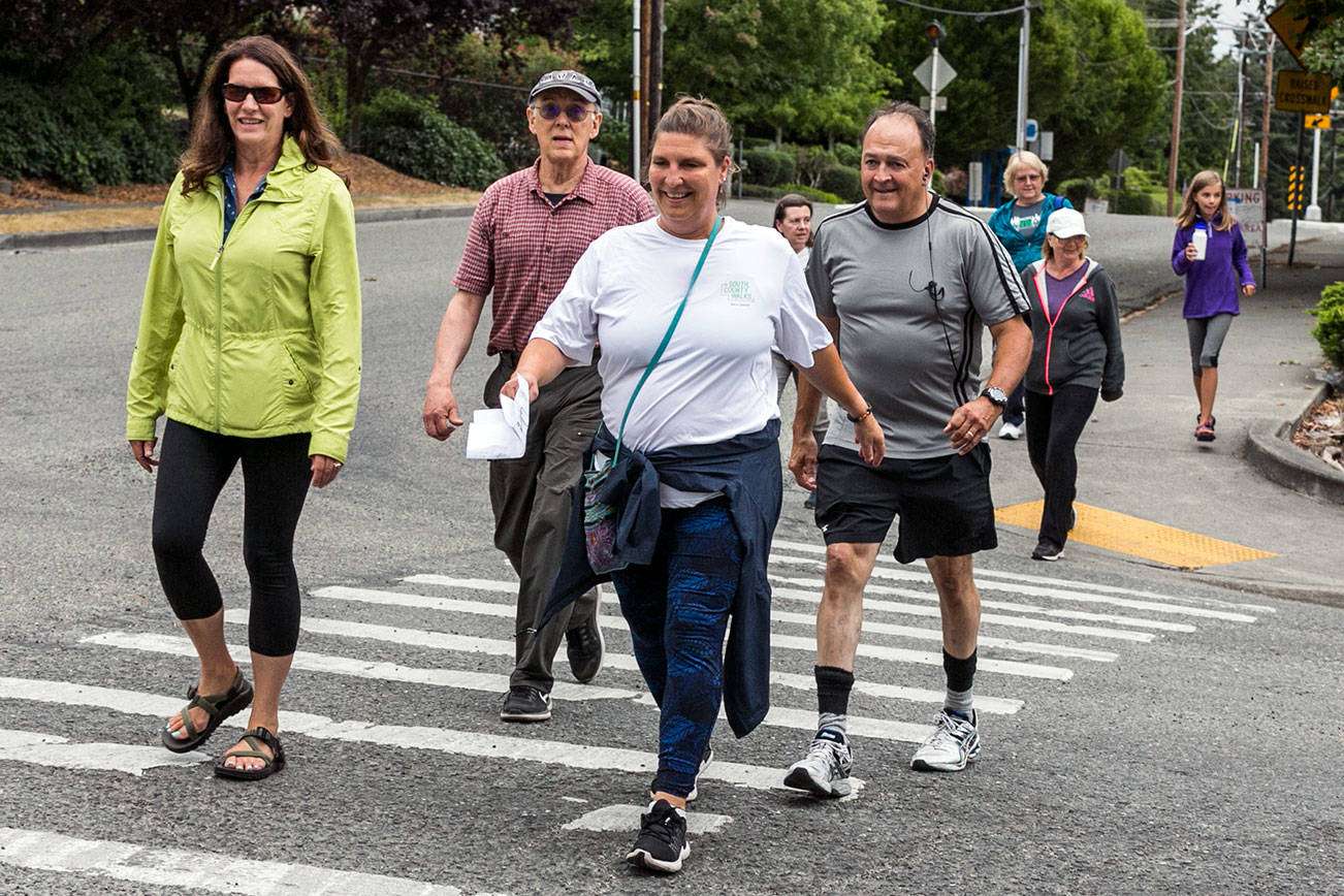 Lynnwood’s group of South County Walkers starts off from Lynnwood Recreation Center on Aug. 2. (Kevin Clark / The Herald)