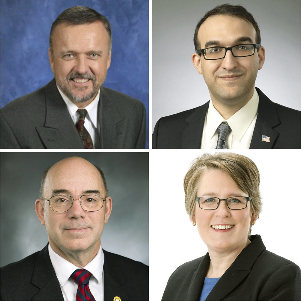 Clockwise from top left, the candidates for the 39th District state Senate seat: Claus Joens, Jamal Rabieh, Elizabeth Scott and Keith Wagoner.
