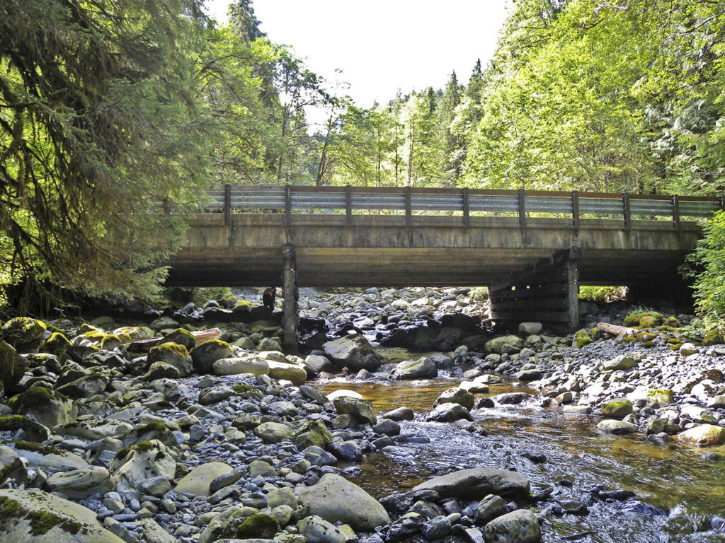 Black Creek Bridge 547 on the Mountain Loop Highway is one of three remaining bridges owned by the county that is classified as structurally deficient. A request for a federal grant to replace the bridge was turned down this year. (Snohomish County) 
