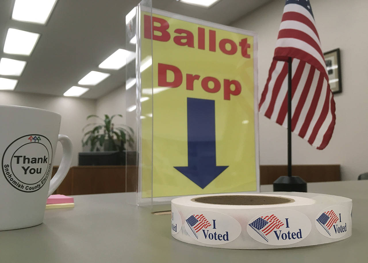 The Snohomish County Auditor’s Office is one of many locations where primary election ballots can be dropped off on Tuesday. (Sue Misao / The Herald)
