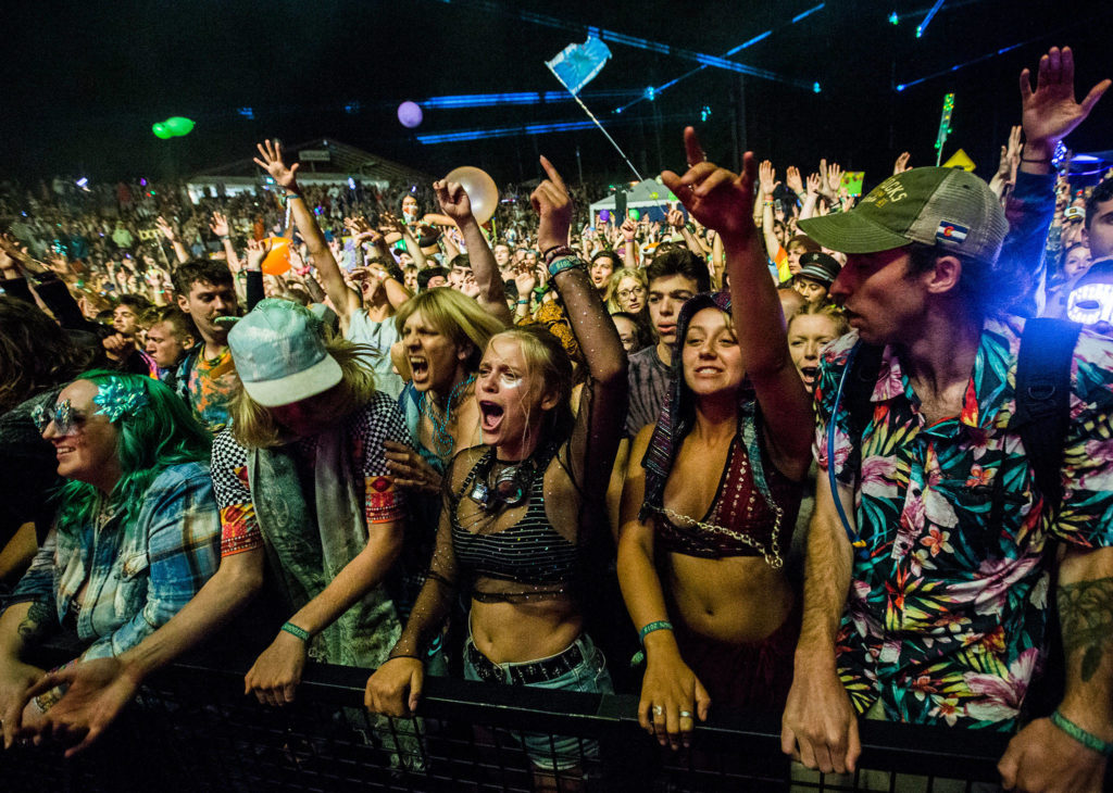 The crowd yells during Bassnectar’s performance at the Summer Meltdown on Saturday, Aug. 4, 2018 in Darrington. (Olivia Vanni / The Herald)
