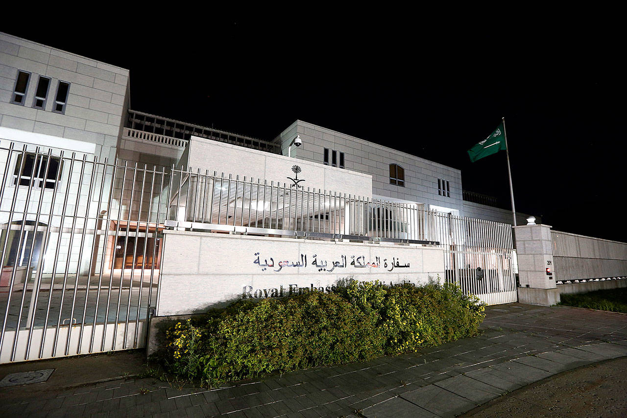 The Saudi Arabian Embassy in Ottawa, Canada, on Sunday. (David Kawai/The Canadian Press via AP)