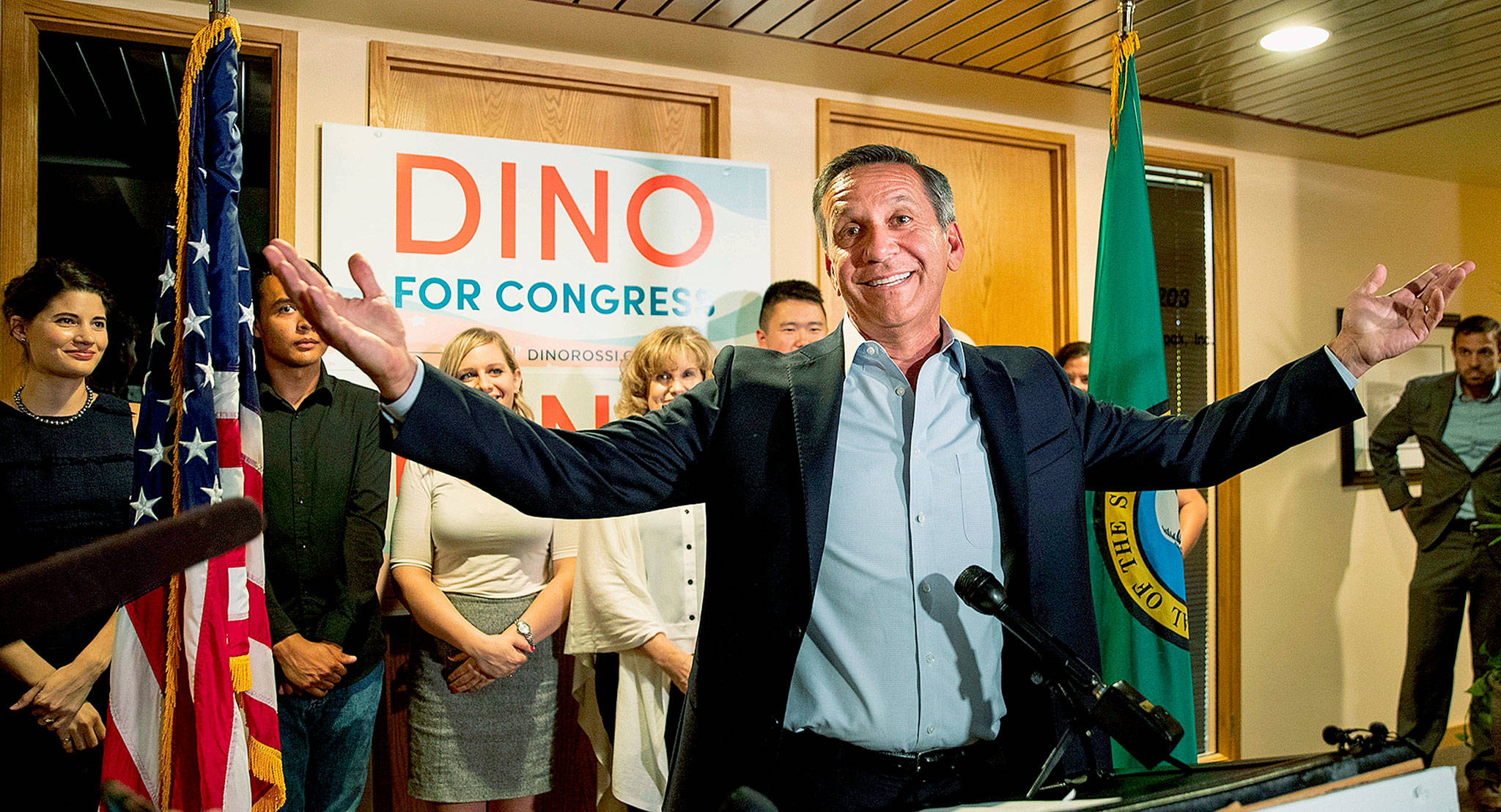 Dino Rossi, an 8th Congressional District candidate, thanks supporters at the State Republican Headquarters in Bellevue Tuesday night. (Dean Rutz/The Seattle Times via AP)