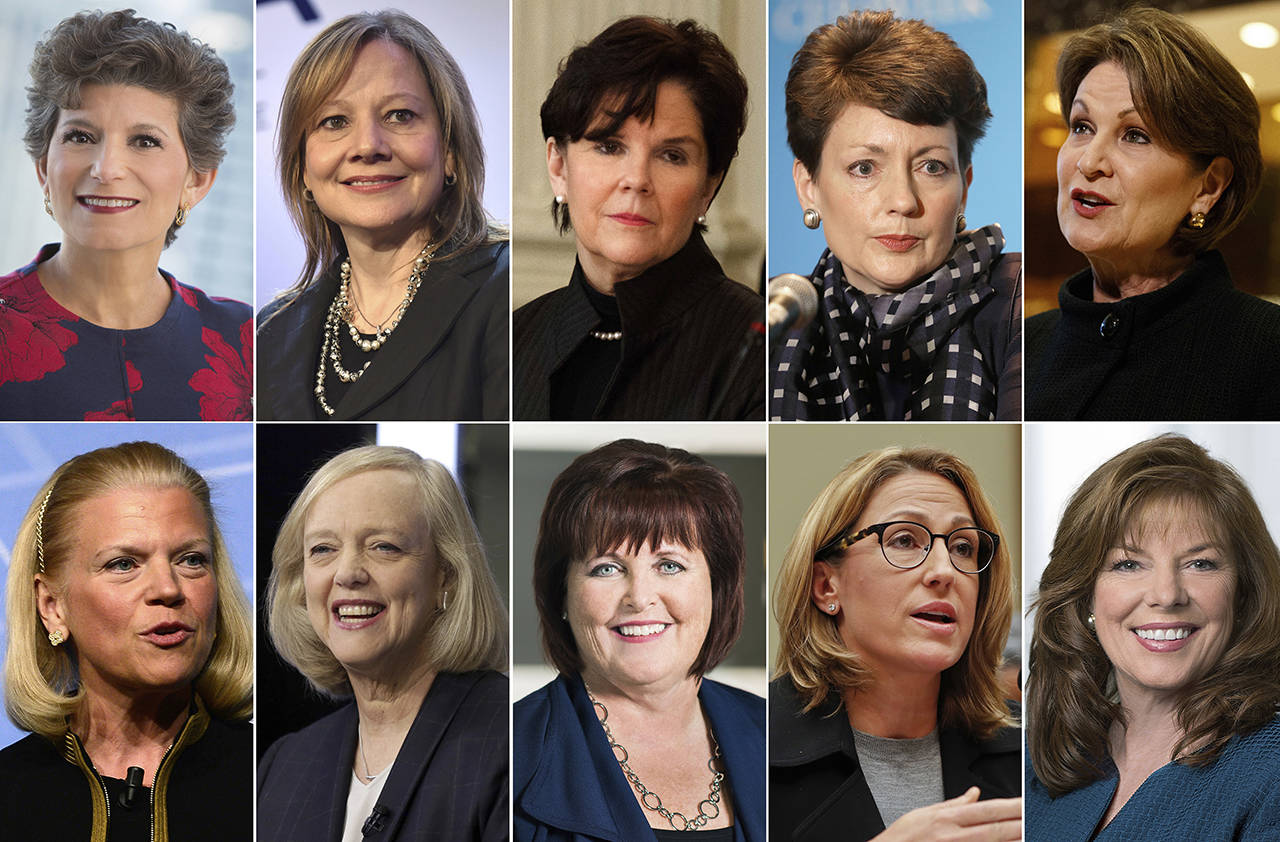 This photo combination shows 10 of the female CEOs of S&P 500 companies. Top row, from left: Debra Cafaro, Ventas; Mary Barra, General Motors; Phebe Novakovic, General Dynamics; Lynn Good, Duke Energy; and Marillyn Hewson, Lockheed Martin. Bottom row, from left: Virginia Rometty, IBM; Margaret Whitman, who stepped down in January 2018 at Hewlett Packard Enterprise; Margaret Keane, Synchrony Financial; Heather Bresch, Mylan; and Debra Reed, Sempra Energy. (AP Photo)