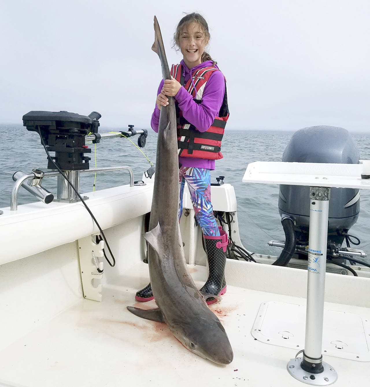 Isabella Tolen, of Lake Stevens, poses with a 41-pound tope shark she caught in Grays Harbor in July. (Washington Department of Fish and Wildlife)