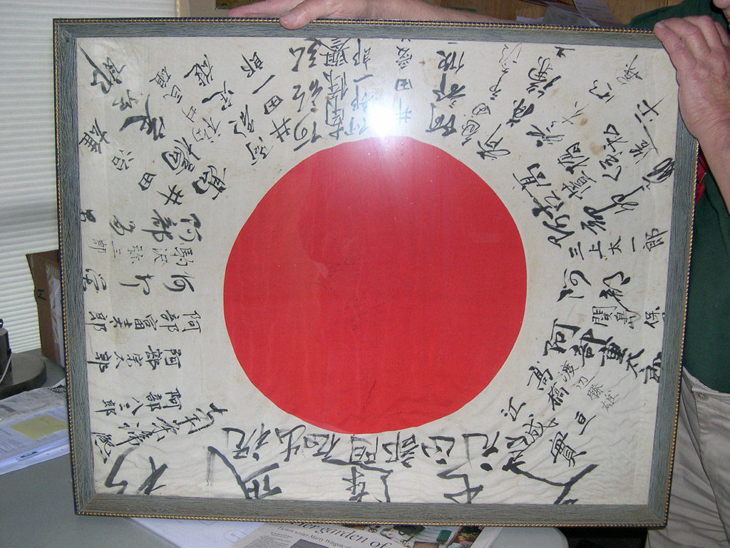This flag belonged to Japanese soldier Masamoto Abe during World War II. It was taken after his death by Allied soldiers and has been kept in the Gold Bar Veterans of Foreign Wars hall for many years. The post recently found a way to get it back to the Abe’s family through the Obon Society. (Photo courtesy of the Gold Bar VFW)
