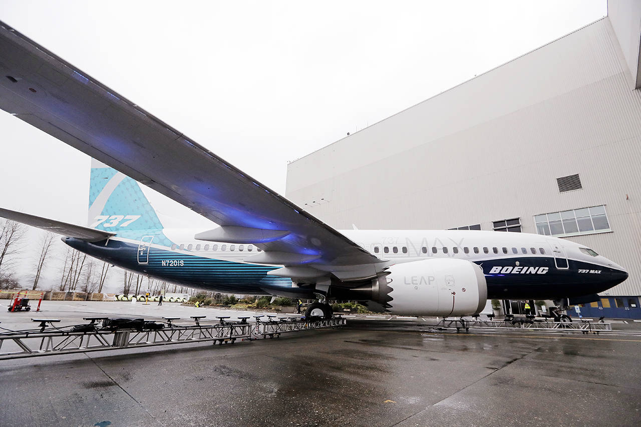 A Boeing 737 MAX 7 is displayed in February in Renton. (AP Photo/Elaine Thompson, file)