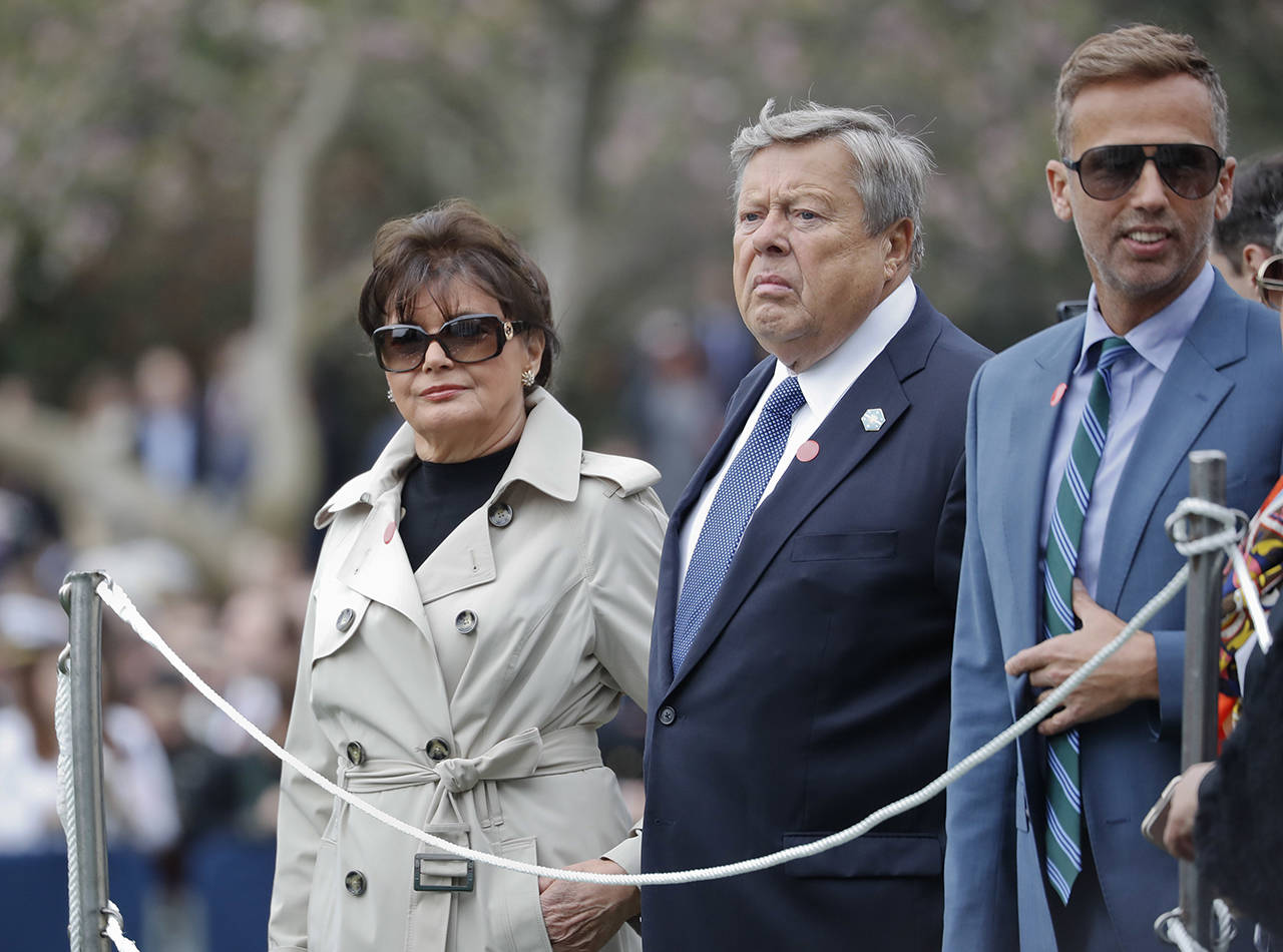 Amalija and Viktor Knavs, the parents of first lady Melania Trump, wait on the South Lawn of the White House in Washington during the State Arrival Ceremony on April 24, 2018. (AP Photo/Pablo Martinez Monsivais, file)