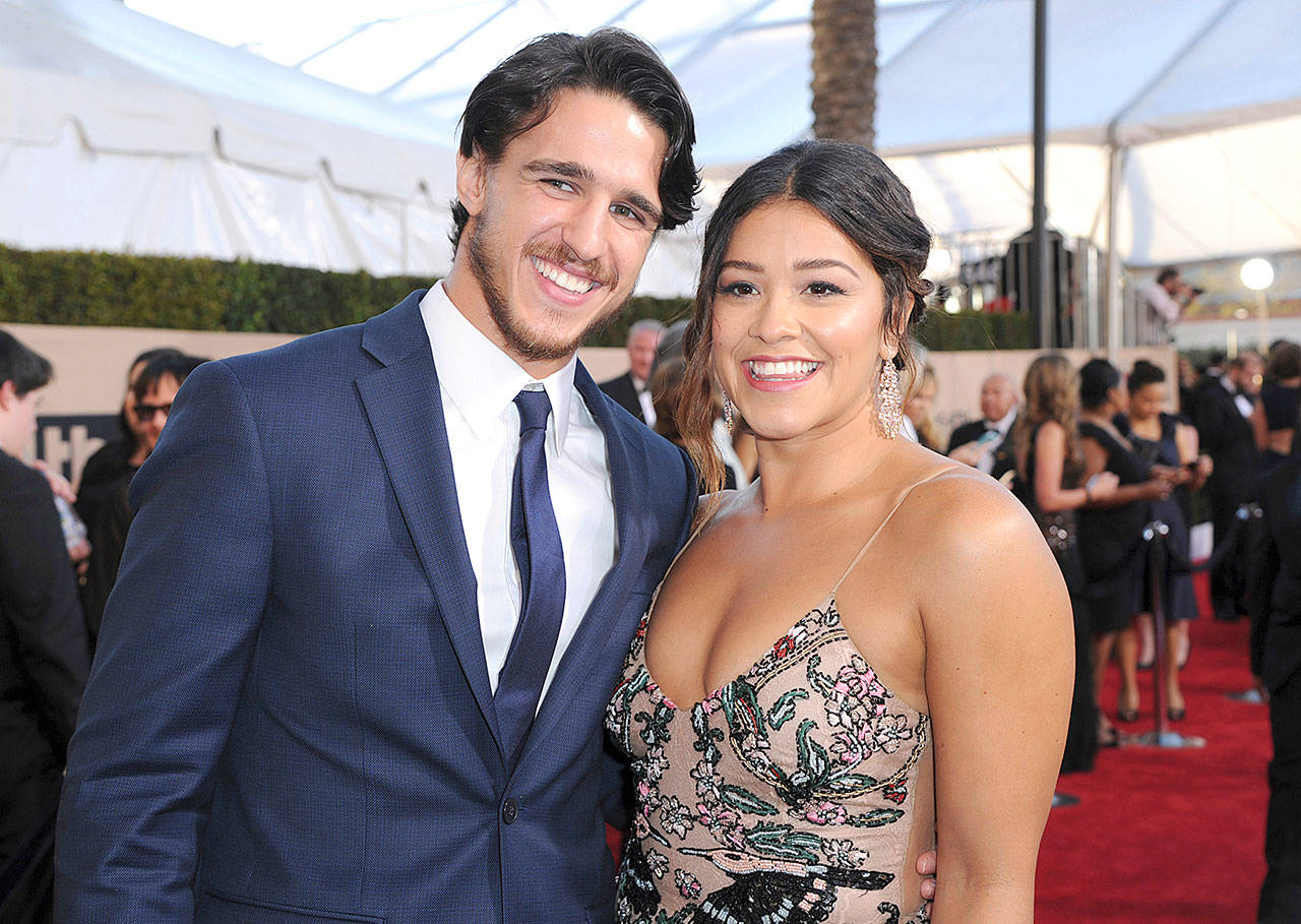 Joe LoCicero and Gina Rodriguez arrive at the 23rd annual Screen Actors Guild Awards in Los Angeles in 2017. The couple, who are engaged, met when he was a guest star on “Jane the Virgin.” (Richard Shotwell/AP file)