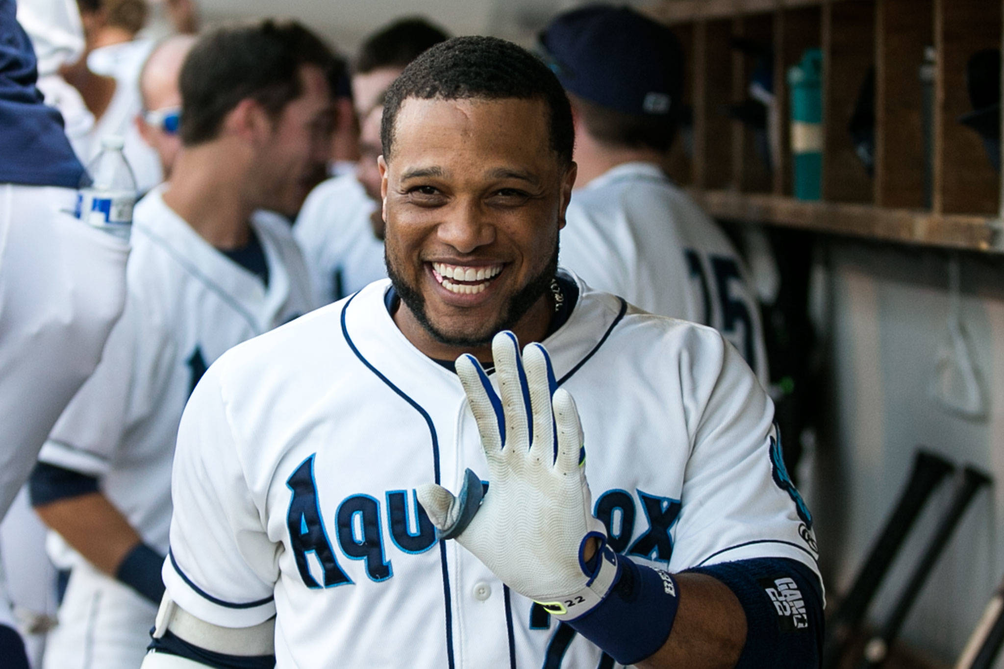 Mariners slugger Robinson Cano, on a rehab assignment with the AquaSox, celebrates his home run in the third inning against the Emeralds on Thursday at Everett Memorial Stadium. (Kevin Clark / The Herald)