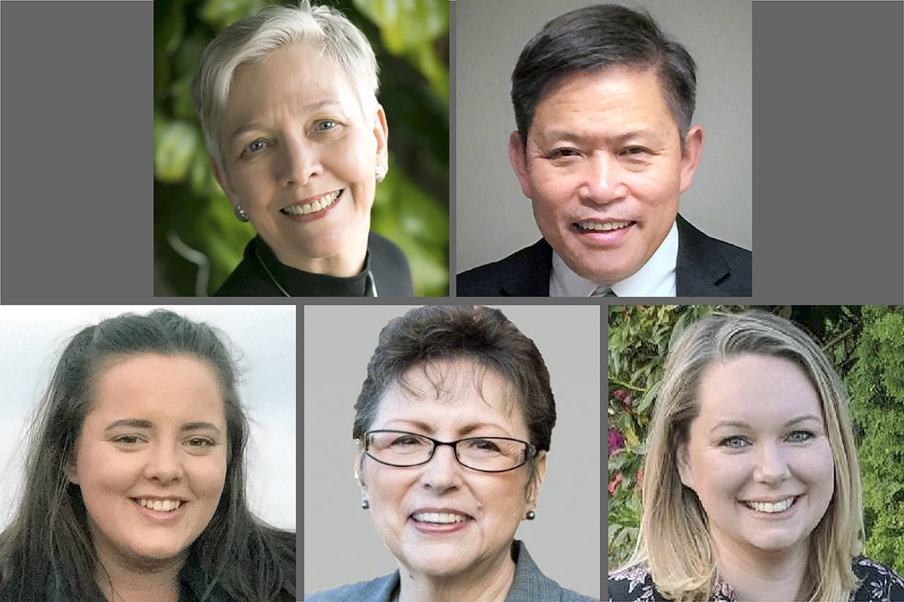 Snohomish County PUD commissioner candidates for District 2. Top, from left: Rebecca Wolfe, David Chan. Bottom: Kaili Chickering, Kathy Vaughn and Maggie Mae.