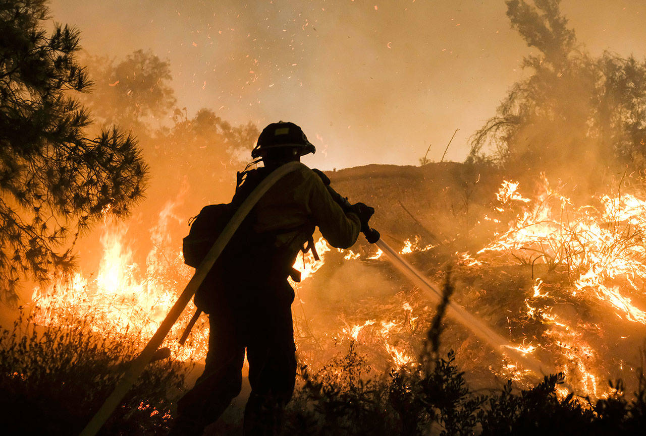 A firefighter battles the Holy Fire burning Thursday in the Cleveland National Forest along a hillside at Temescal Valley near Corona, California. Firefighters fought a desperate battle to stop the wildfire from reaching homes as the blaze surged through the forest above the city of Lake Elsinore and its surrounding communities. (Ringo H.W. Chiu/Associated Press)