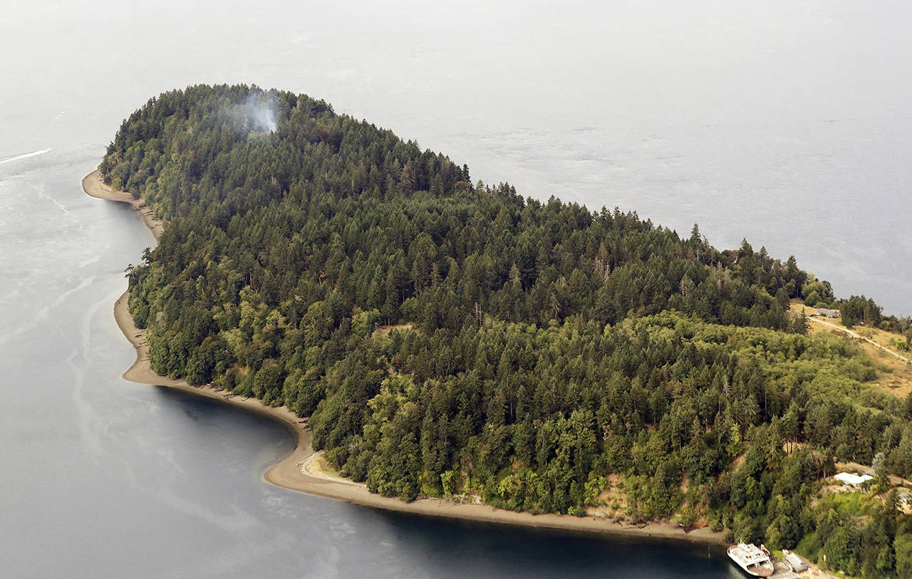 Smoke rises from the site on Ketron Island in Washington state where an Horizon Air turboprop plane crashed Friday after it was stolen from Sea-Tac International Airport as seen from the air, Saturday, Aug. 11, near Steilacoom. (AP Photo/Ted S. Warren)