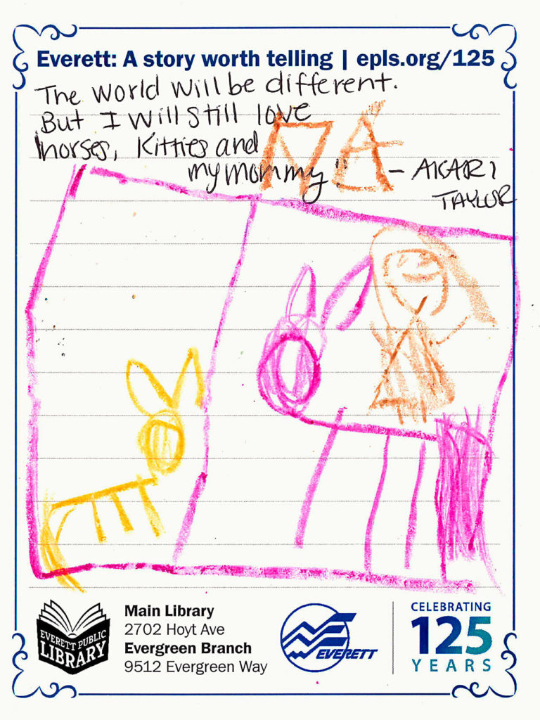 Postcard from Akari, 5. The Everett Public Library is hosting a public event to seal the city’s 125th anniversary time capsule — a collection of postcards, including some from preschool children. The capsule will be opened in 50 years. (Courtesy Everett Public Library)

