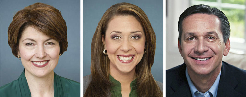 Republican U.S. Reps. Cathy McMorris Rodgers of Spokane (left), Jaime Herrera Beutler of Vancouver (center) and congressional candidate Dino Rossi of Sammamish.
