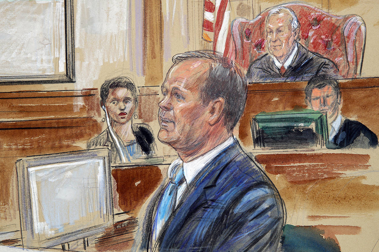 This Aug. 7 courtroom sketch depicts Rick Gates (right) testifying during questioning in the bank fraud and tax evasion trial of Paul Manafort at federal court in Alexandria, Virginai. (Dana Verkouteren via AP)