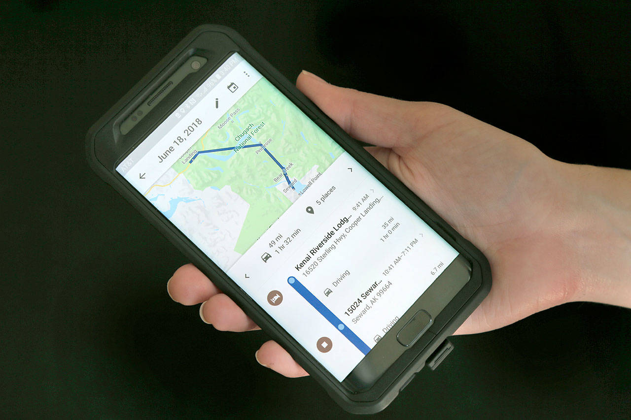A mobile phone displays a user’s travels using Google Maps in New York. Days after an Associated Press investigation revealed that Google is storing the locations of users even if they turn a privacy setting called “Location History” off, the company has changed a help page that erroneously described how the setting works. (AP Photo/Seth Wenig, File)