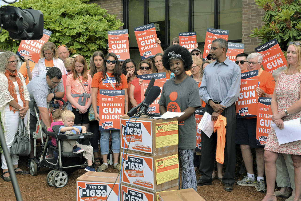 Activists rally at the I-1639 ballot drop event in Olympia on July 6. (Washington Alliance for Gun Responsibility)