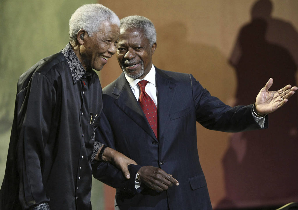 In this July 2007 photo, Nelson Mandela and former United Nations Secretary General Kofi Annan arrive together at the 5th Nelson Mandela Annual Lecture, held at the Linder Auditorium in Johannesburg, South Africa. (AP Photo, File)

