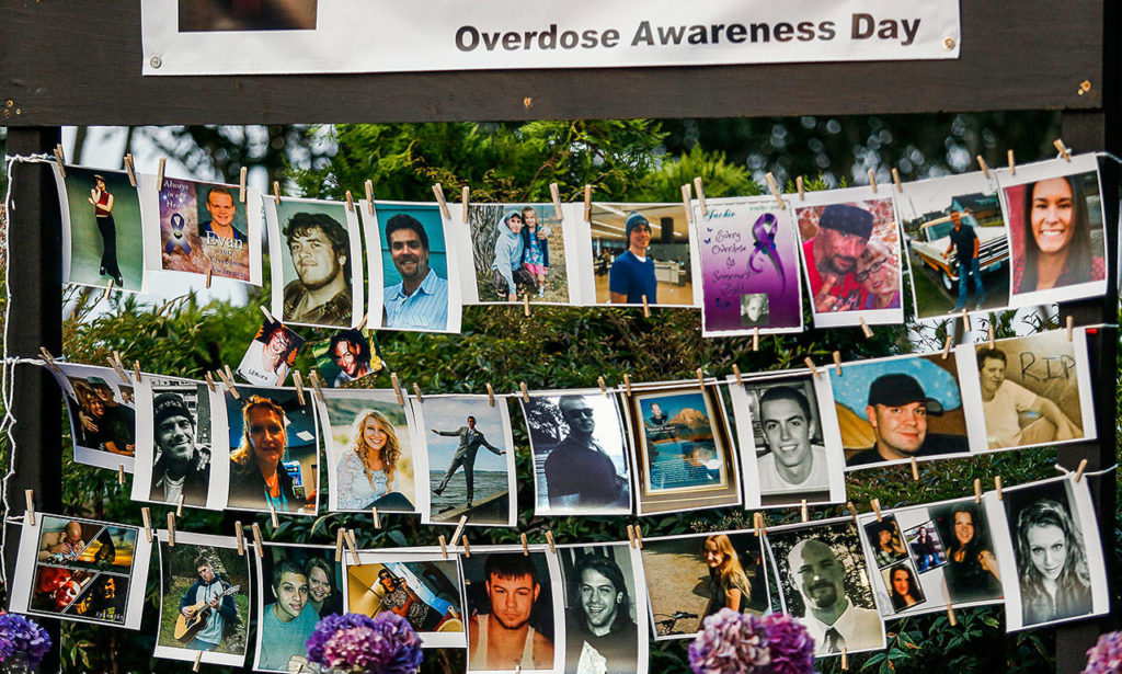 Photographs of drug overdose victims hang behind the presentation area during Thursday’s event. (Dan Bates / The Herald)
