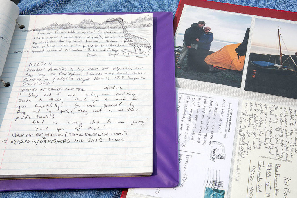 The journal at Meadowdale Beach Park in Edmonds records the stories kayakers as they journey the Cascadia Marine Trail. (Lizz Giordano / The Herald)
