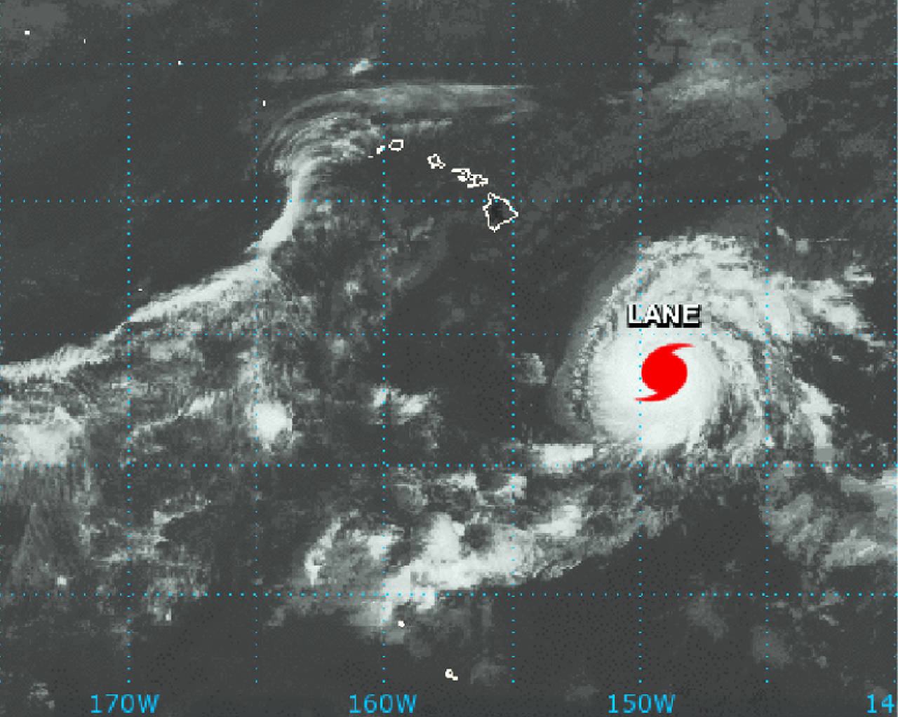 This NASA satellite imagery shows Hurricane Lane in the Central Pacific Ocean southeast of the Hawaiian Islands at 2:01 p.m. HST (21:01 GMT) on Monday, Aug. 20. (NASA via AP)